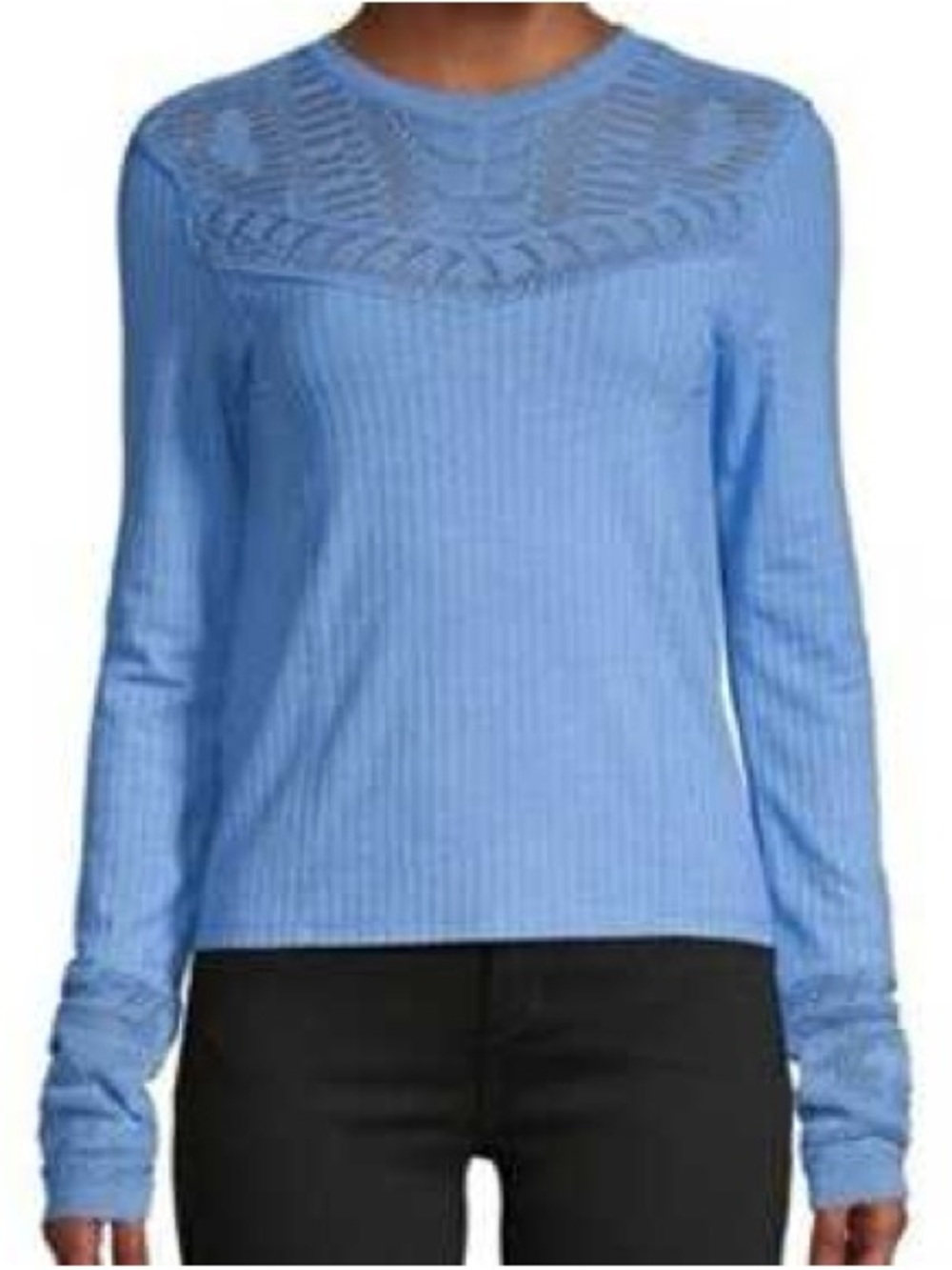 Free People Light Blue Ribbed Crewneck Sweater with Lace Yoke